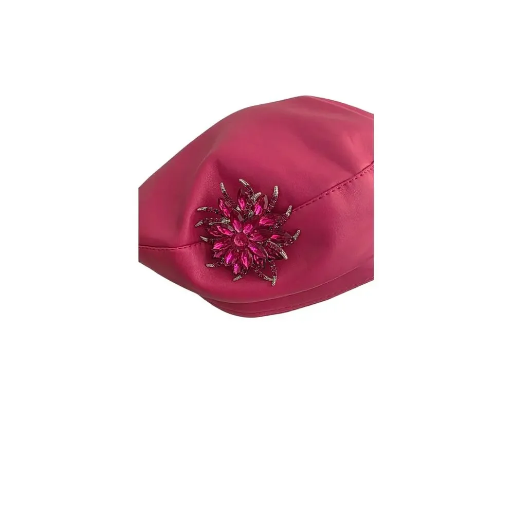 NEW Faux Leather Beret Hat Womens Hot Pink Detachable Crystal Brooch Pin 56-58cm